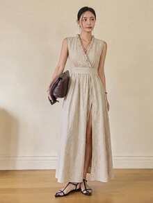 DAZY Women's Pastal V-Neck Dress, Elegant Sexy Teachers' Day Style With Side Slit And Waist Cinching, Spring/Summer Sun Dresses For Women Business Golf - Khaki - View 2