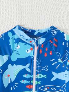 Baju Renang Pelindung Ruam dengan Resleting untuk Bayi Laki-laki Baru Lahir/Bayi, Pakaian Liburan Pantai Musim Panas, Warna Biru Tropis - Navy Blue - View 5