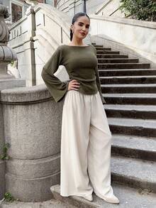 Marta Soriano Standard Size Women Loose Fit Floral Print Knit Top With Wide Neckline, Dropped Shoulders, Flared Sleeves, Waist Ruching, Autumn/Winter - Army Green - View 4
