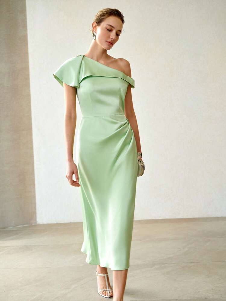 WOMEN'S ROMANTIC ELEGANT ASYMMETRICAL NECK SATIN SHINY MID-LENGTH DRESS