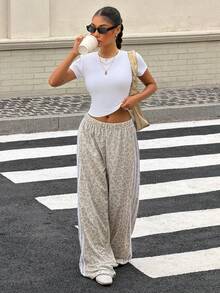 SHEIN Muchic Women's Elastic Waist Casual Versatile Commuting Wide Leg Sweatpants Cheetah Print Bottoms - Multicolor - View 3