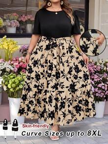 SHEIN CURVE+ 大码夏季休闲拼接印花圆领短袖连衣裙 - 杏色 - 查看 2