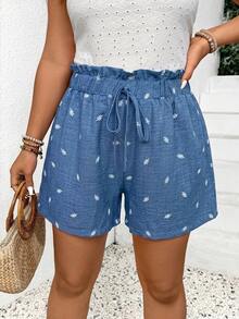 SHEIN Frenchy Quần short nữ cỡ lớn kiểu Pháp, phong cách giản dị, tối giản, màu xanh dương và trắng, họa tiết retro, thích hợp cho kỳ nghỉ, quần short nữ, trang phục thường ngày ngắn cho nữ, trang phục mùa hè cho nữ. - Màu xanh lam - Xem 5