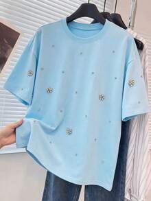 SHEIN Franclia 新款休闲水钻装饰宽松女式T恤 - 淺藍色 - 查看 4