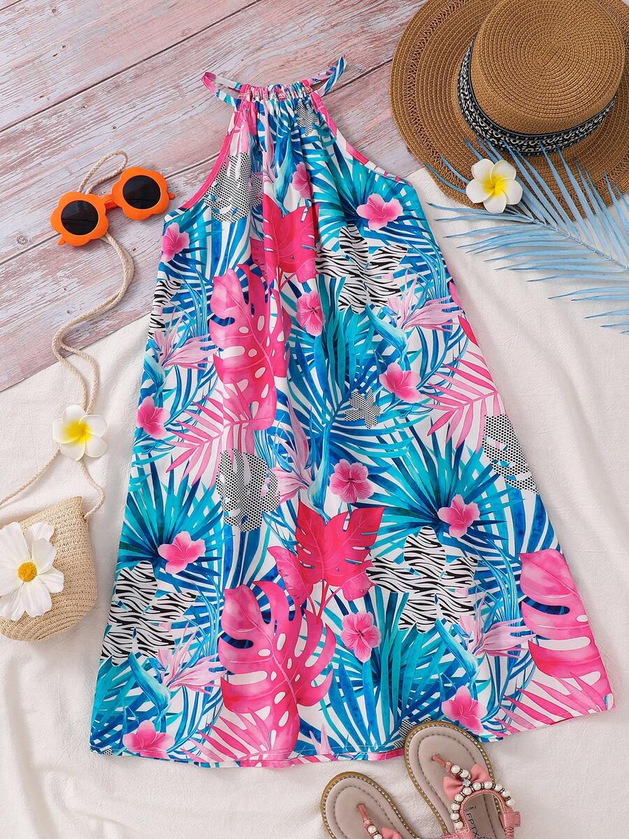 SHEIN 少女碎花荷叶边休闲度假连衣裙 - 彩色 - 查看 1