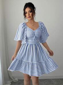SHEIN Elenzya Latest Spring & Summer Blue And White Striped Short Sleeve Elegant Casual Fitted Waist Mid-Length Dress For Women - Blue and White - View 4