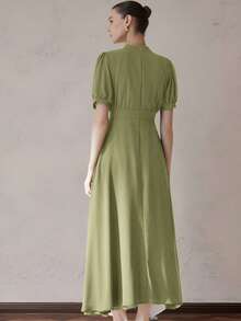 Aveloria Zanirela Đầm chiffon thanh lịch dành cho nữ với thiết kế xếp ly ở phần ngực, tay áo kiểu công chúa, thắt eo, chân váy xòe, màu trơn tối giản, đa năng cho công sở, đầm tay dài. - Màu xanh Ô liu - Xem 4