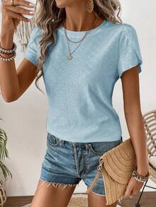 SHEIN LUNE Women's Solid Color Crew Neck Short Sleeve Casual Top, Everyday Wear - Mint Blue - View 3