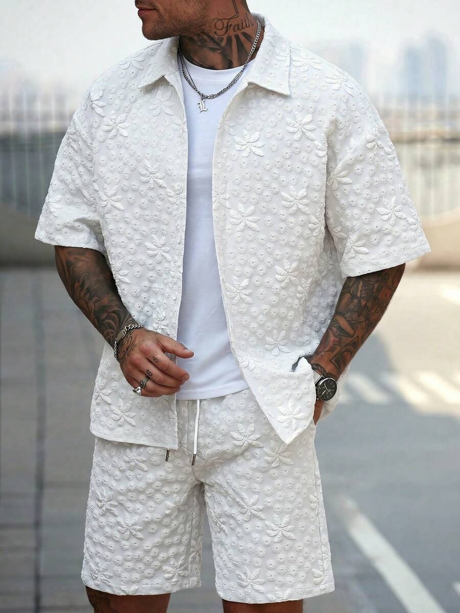 Manfinity Homme Bộ áo sơ mi và quần short dệt jacquard họa tiết dành cho nam. - Màu be - Xem 1
