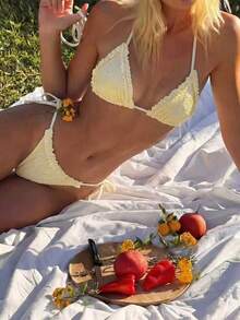Swim Mod Bộ bikini gợi cảm buộc dây bên hông, dây mảnh, xếp ly, họa tiết hoa, hở lưng, thắt eo, dành cho nữ, mùa hè 2026. - Màu vàng - Xem 6