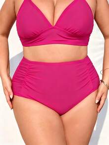 SHEIN CURVE+ Summer Beach Plus Ruched High Waisted Bikini Bottom, Beach Outfits For Woman,Plus Size For Woman,Bathing Suits,Slimming Swimsuit - Pink - View 4