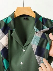 Manfinity Homme 男士格紋拼接單排扣休閒百搭日常短袖正式襯衫，適合儀式場合 - 墨綠色 - 查看 2