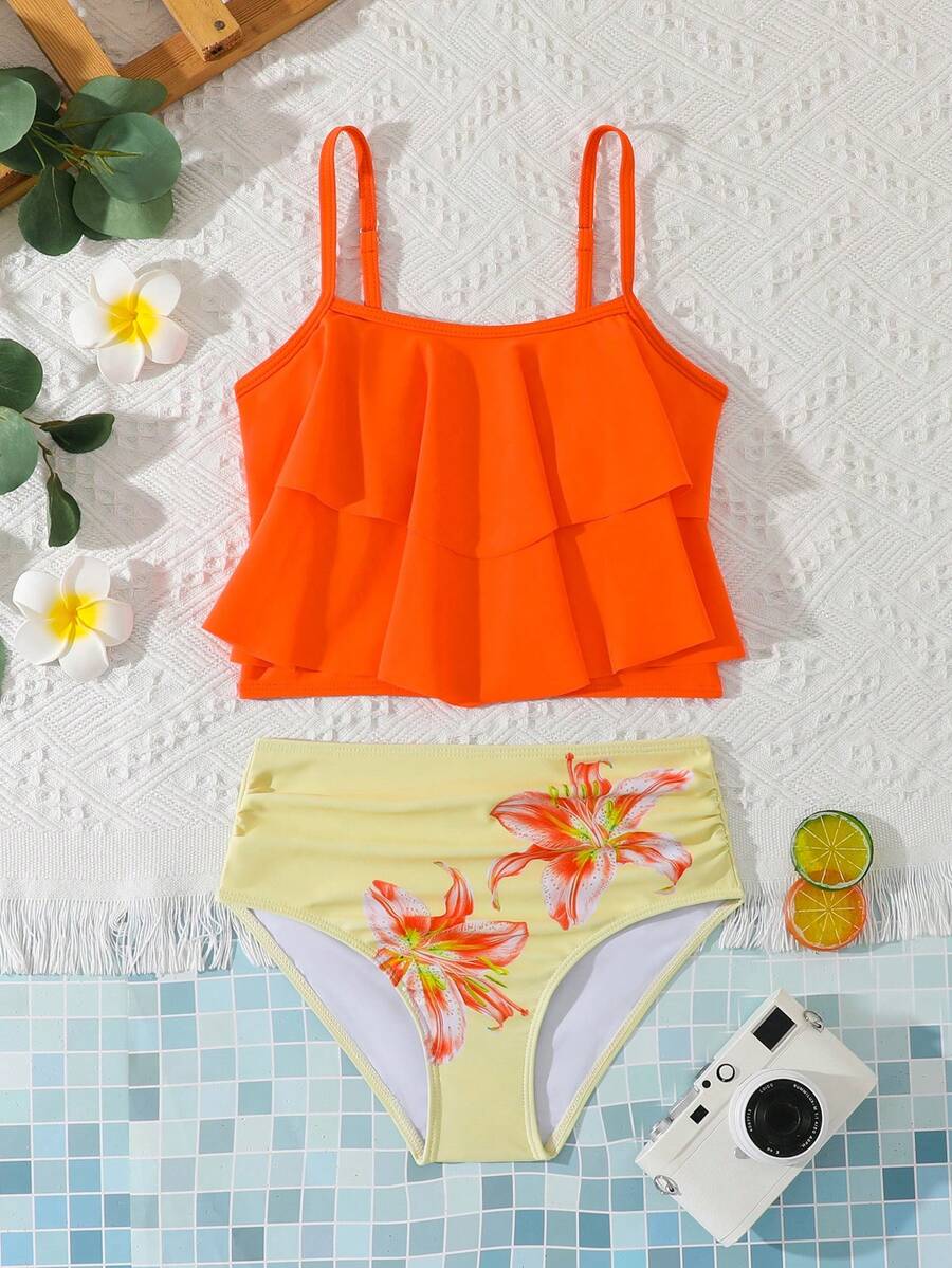 SHEIN Bộ đồ bơi Tankini cho bé gái tuổi teen, bikini hai dây dễ thương, họa tiết hoa ly màu cam, vải dệt kim, bộ hai mảnh xếp nếp, thời trang giản dị thanh lịch, thích hợp cho bơi lội, kỳ nghỉ hè, bãi biển, hồ bơi, tiệc tùng ngày lễ. - trái cam - Xem 1