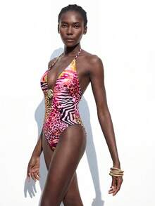 Maija 女士度假沙滩动物印花连体泳衣 - 粉色 - 查看 5