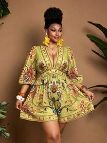 Maweii Plus Size Women's Floral Print V-Neck Puff Sleeve Waist Cinched Jumpsuit Fall - Multicolor - View 6