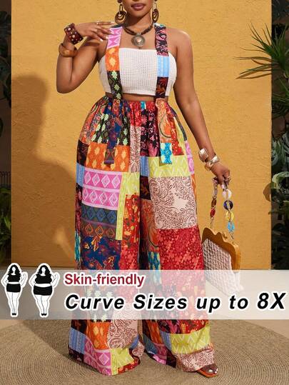 SHEIN CURVE+ Mono informal de talla grande para mujer con estampado de patchwork vintage, adecuado para vacaciones y viajes