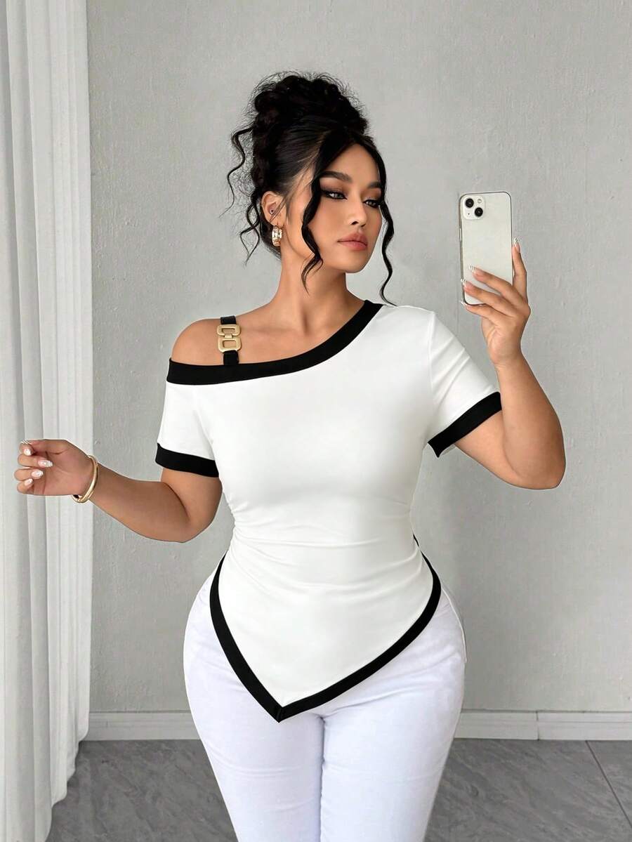 Elenzga Áo kiểu trễ vai thanh lịch, thoải mái, phối màu bất đối xứng, khóa kim loại, cỡ lớn dành cho người có vóc dáng đầy đặn. - trắng - Xem 1