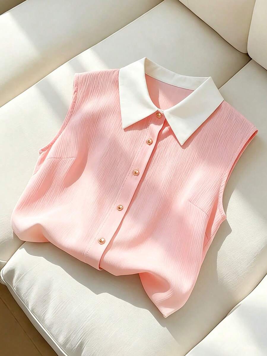 SHEIN Franclia Elegant Pink And White Contrast Color Sleeveless Shirt,Summer Chic Blouse For Women,Casual Street Style Brunch Tops For Business,Daily Wear - Pink - View 1