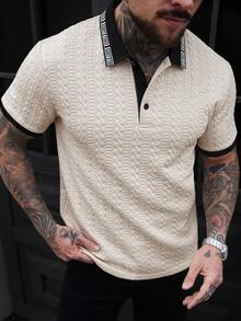Manfinity Homme Men's Casual Colorblock Short Sleeve Polo Shirt, Summer - Khaki - View 6