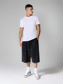 SUMWON Wide Leg Casual Drawstring Bermuda Shorts With Elastic Waistband Knee Length Cotton Washed Texture Summer Streetwear - Black - View 3
