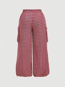 SHEIN MOD Pantalones Cargo a Cuadros Talla Grande, Casual Vacacional, Estilo Mix & Match, Dulce & Fresco, Retro, Casual Femenino - Rojo - Ver 9