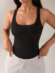 SHEIN BAE 女士性感黑色连体裤，裆部开口 - 黑色 - 查看 4