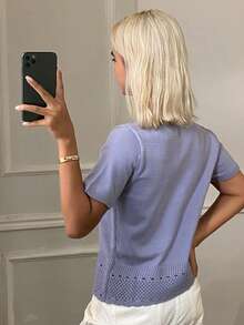 DAZY 女士纯色拼接镂空花边下摆圆领短袖休闲度假夏季轻薄针织上衣 - 紫色 - 查看 4