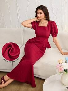 Modelyn Women's Burgundy Retro Square Neck Petal Sleeve Slimming Elegant Long Sleeve Dress Best Selling Dresses Zanea Dress For Woman Occasion Dresses For Women Buy Wedding Guest Dress Elegant Dress Women Dress - Burgundy - View 7