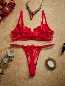 2pcs Mesh Embroidery Women's Lingerie Set - Red - View 2