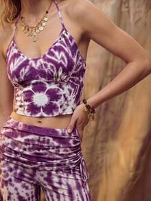 Áo kiểu nữ thời trang nhuộm tie-dye dáng ngắn cổ yếm - Màu tím hoa cà - Xem 7