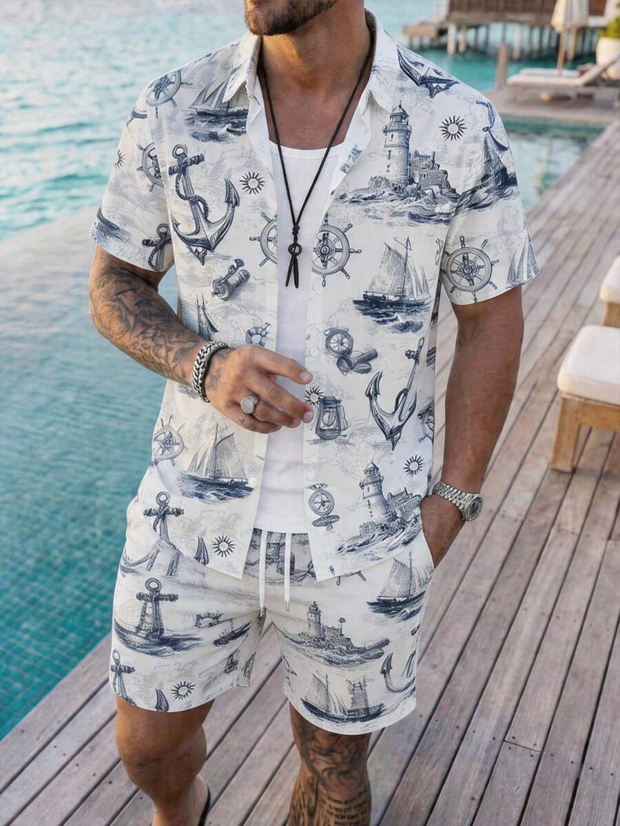 Genlund Men's Anchor Print Short Sleeve Shirt And Shorts Set, Suitable For Outings, Island Trips, Hawaii Vacation, Holiday - White - View 1