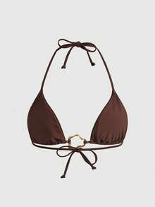 ROMWE Avant Women's Summer Bikini Set, Made Of Solid Color High Elastic Fabric, Decorated With Metal Accessories, Sexy And Hot Girl Y2K Bikini Set, Suitable For Party, Music Festival, Women's Beach Outfit, Women's Holiday Outfit, Women's Beach Wear, Women's Summer Beach Bikini, Outdoor Water Sports Or Surfing Clothing For Summer Vacation - Brown - View 7