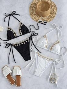 Swim Vcay Set de 4 piezas de bikini con triángulo inalámbrico, con estampado de conchas y estrellas de mar en blanco y negro, con lazos laterales y espalda abierta sexy, para mujer, ideal para playa y vacaciones - Multicolor - Ver 2
