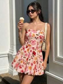 Joudiya Spring & Summer Floral & Butterfly Print Off-Shoulder Bodycon Mini Dress, Casual Sweet Girl Dress For Music Festival, Valentine's Day, Wedding, Party, Elegant Commuter Dress - Pink - View 6