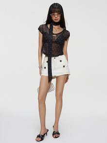 INAWLY Black And White Polka Dot Mesh Puff Sleeve Crop Top With Neck Tie,Cutout Design, Sheer Blouse,Summer,Chic Sexy,Club Night,Party,Date,Flattering Fit - Black - View 5