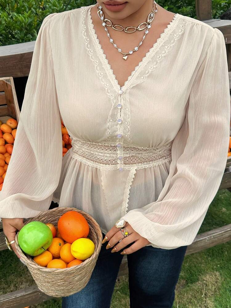 Dazy Plus V-Neck Lace Patchwork Chiffon Blouse, Vacation Style Date Outfit, Spring/Summer, Plus Size Women Shirt