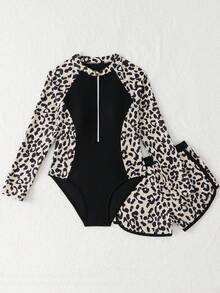 SHEIN Tween Girls Tankini Swimwear,Black Leopard Print Zipper Design Two Pieces Set With One-Piece & Swim Shorts,Summer Casual Beach Vacation Holiday - Multicolor - View 5