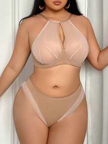 SHEIN 2件/套 女士纯色网纱钢圈加大码文胸套装 - 駝色 - 查看 3