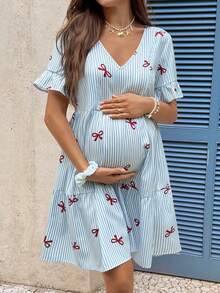 SHEIN 孕妇休闲条纹蝴蝶结印花V领荷叶边短袖哺乳连衣裙，适合海滩和度假穿着 - 藍白色 - 查看 5