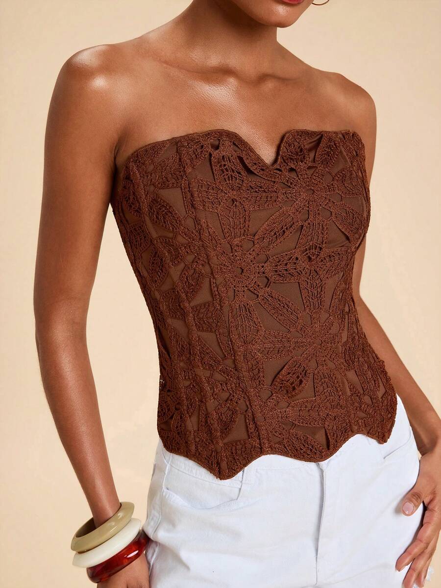 Travachic Top bandeau élégant brodé pour femmes, été - Marron - Voir 1