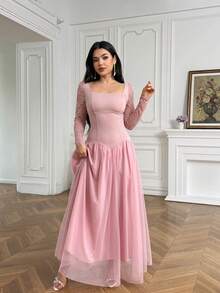 Modelyn Đầm ren dài tay cổ vuông thanh lịch dành cho nữ - Hồng - Xem 4
