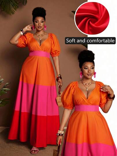 Maweii Spring/Summer V-Neck Puff Sleeve Waist Cinched Colorful Striped Print Flowy Casual Vacation Romantic Commute Daily Wear Fashion Design New Essential Plus Size Women Long Dress, Multi-Color