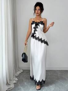 Selianne Conjunto de Saia Minimalista Estilo A-Line com Recortes de Renda Sem Mangas, Adequado para Encontros, Reuniões, Aniversários, Primavera/Verão - Damasco - Visão 7