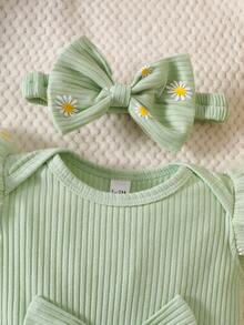 SHEIN 2件組新生女嬰無袖洋裝套裝，可愛鼠尾草綠羅紋網紗雛菊裝飾大蝴蝶結荷葉袖，夏季嬰兒洗禮派對拍照穿搭 - 綠色 - 查看 8