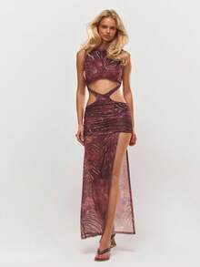 MUSERA Cut Out Ruched Split Sheer Maxi Dress Summer Holiday Vacation Beach Ibiza Cute Festival Elegant Cherry Moon - Multicolor - View 5