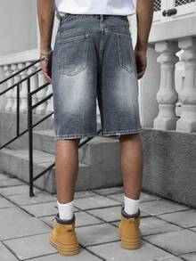 Manfinity EMRG Men's Youthful Street Style Grey-Blue Letter Print Denim Shorts - Medium Wash - View 2