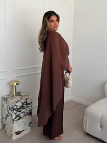Maria Perezxox 2025秋冬新款通勤优雅休闲度假棕色圆领不对称披肩开衫+高腰阔腿长裤女两件套，旅行，通勤，聚会，度假，老款风格，逛街，宴会，优雅，派对，约会，休闲 - 棕色 - 查看 3