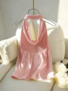 Franclia New Arrival Spring/Summer Halter Neck Backless Fitted Tank Top For Women - Baby Pink - View 2
