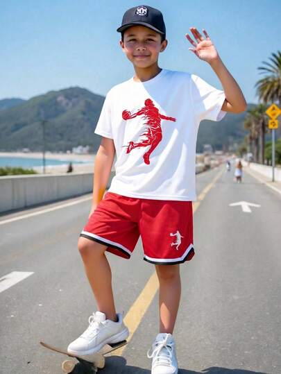 2pcs/Set Tween Boy Sports & Casual Letter Print Round Neck Short Sleeve T-Shirt And Shorts Set, Suitable For Commuting, School, Daily Casual Wear, Sports, Spring/Summer