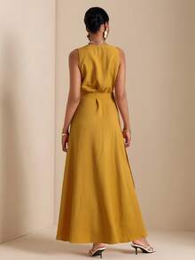 Vesra Vestido casual sin mangas cruzado y envolvente de color amarillo para mujer - Amarillo - Ver 2